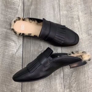 BP Black Leather Morgan Fur Open Back Mule 9.5